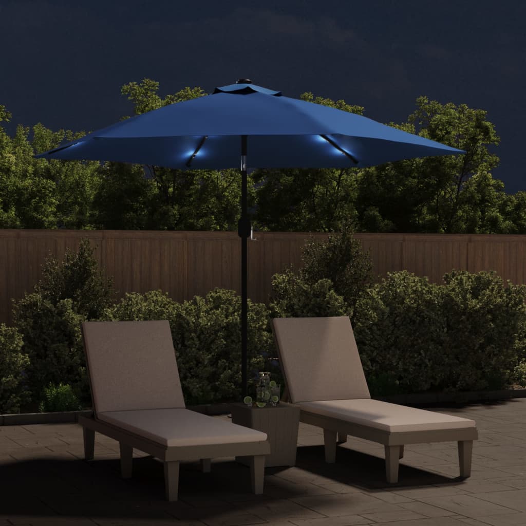 Parasol avec lumières LED et mât en acier 300 cm azur