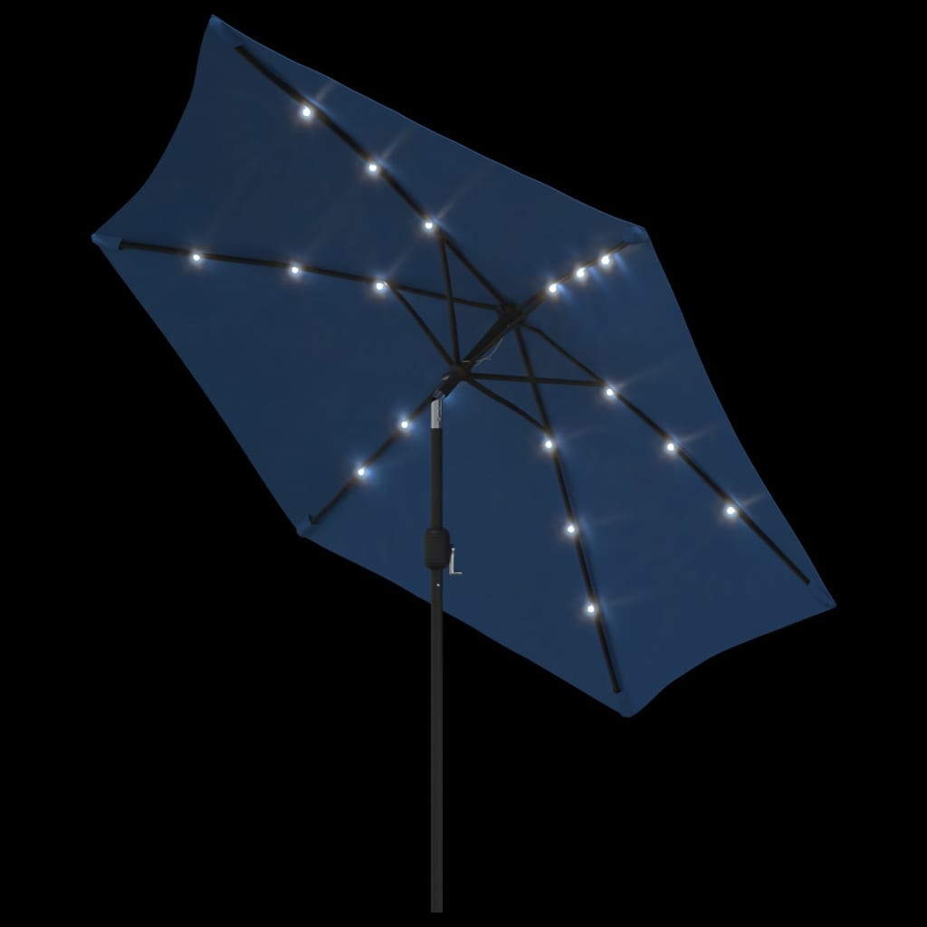 Parasol avec lumières LED et mât en acier 300 cm azur