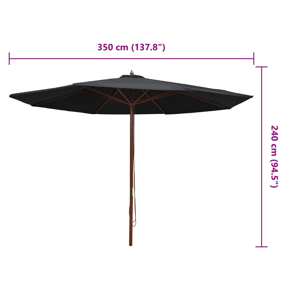 Parasol avec mât en bois 350 cm noir