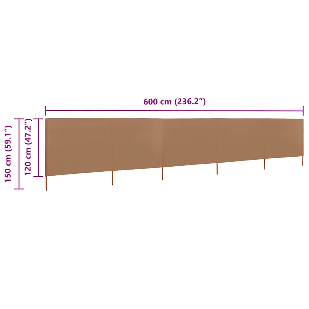 5-teiliges Windschutzgewebe 600 x 120 cm Taupe
