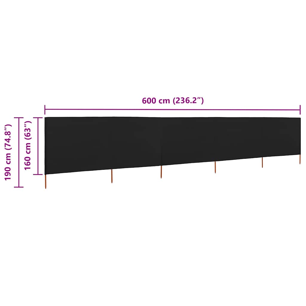 5-teiliges Windschutzgewebe 600 x 160 cm Schwarz