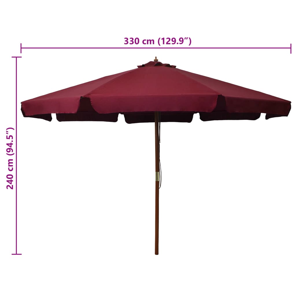 Parasol avec mât en bois 330 cm bordeaux