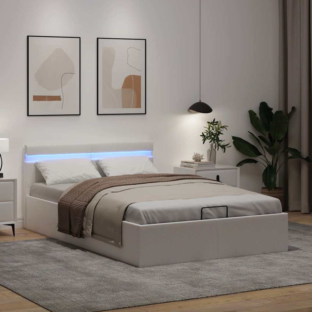 Bett mit Bettkasten Hydraulisch LED Weiß Kunstleder 140x200 cm