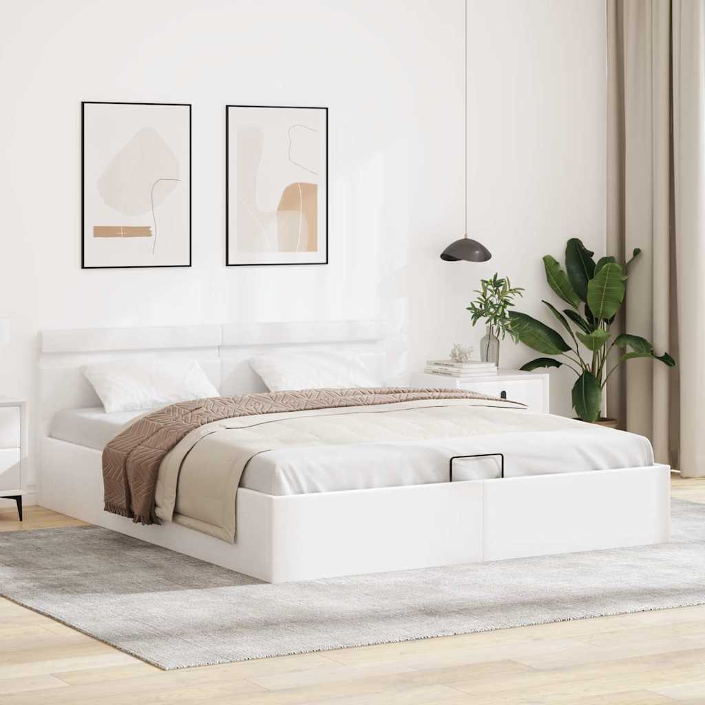 Bett mit Bettkasten Hydraulisch LED Weiß Kunstleder 160x200 cm