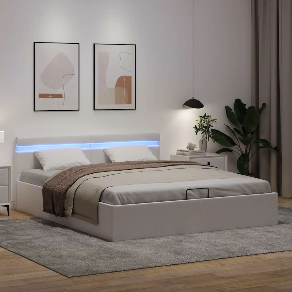 Bett mit Bettkasten Hydraulisch LED Weiß Kunstleder 160x200 cm