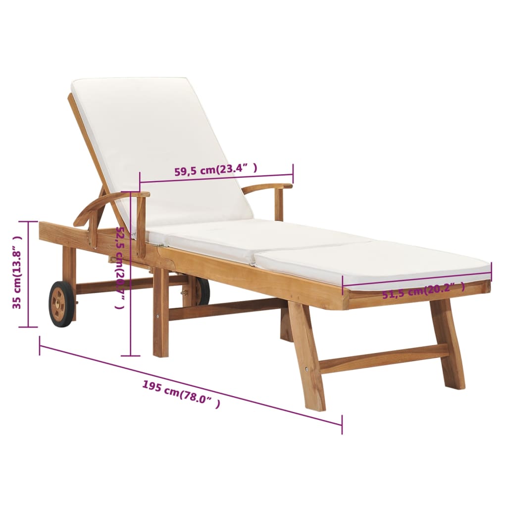 Bain de soleil avec coussin en bois de teck massif crème