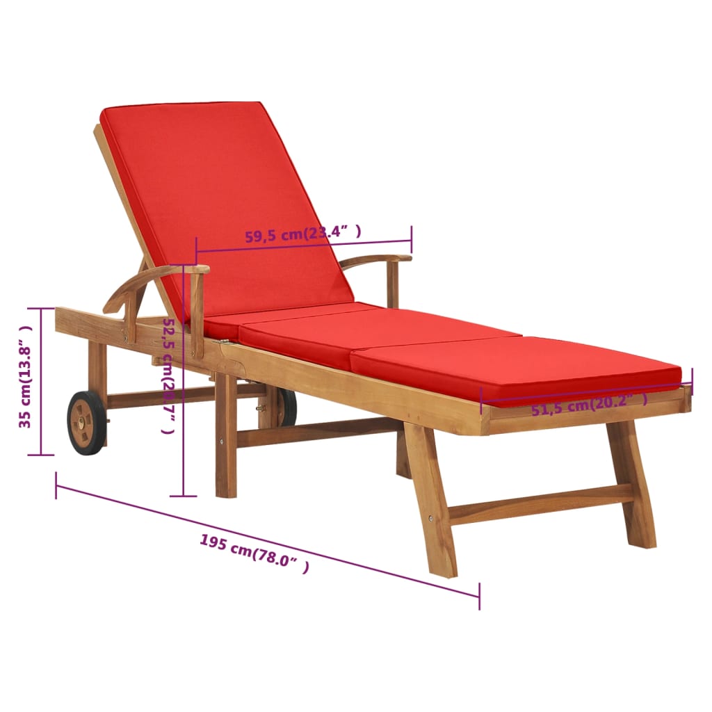 Bain de soleil avec coussin teck massif rouge