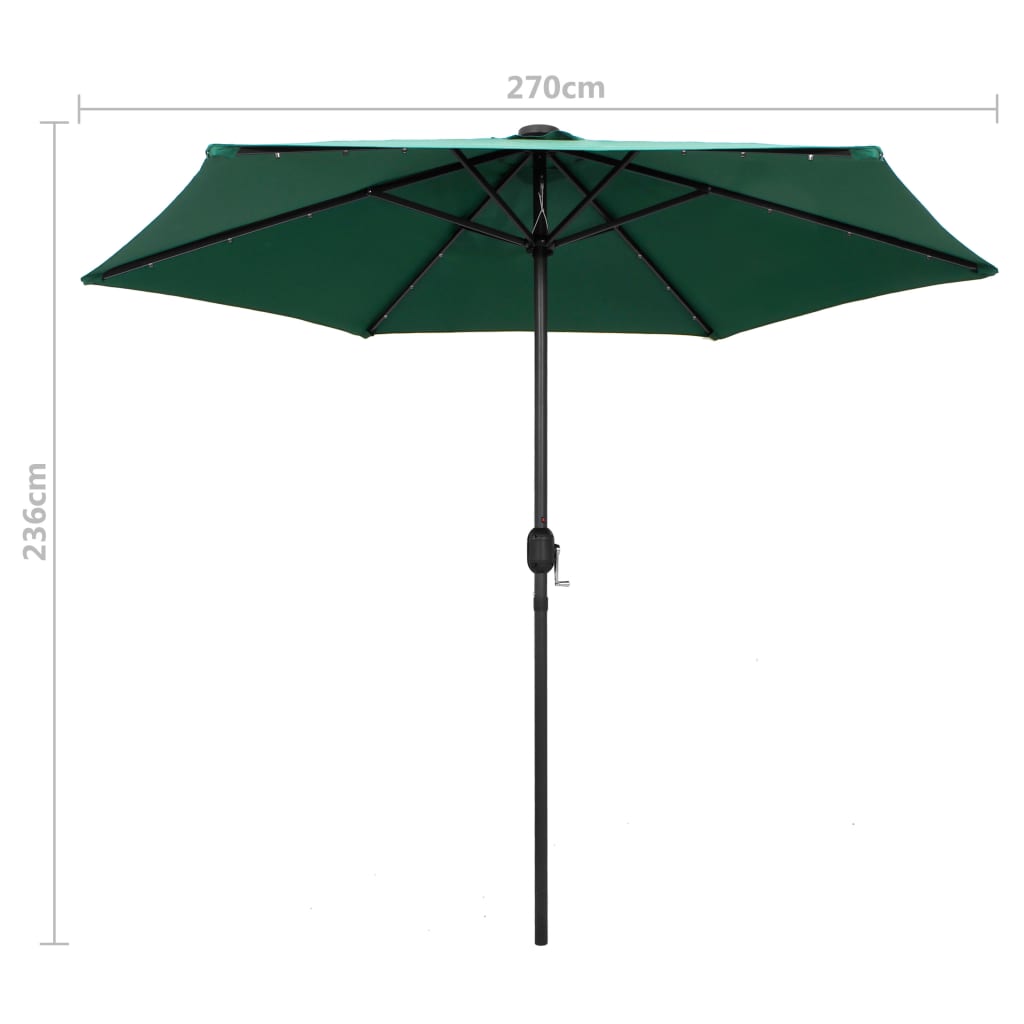 Parasol avec lumières LED et mât en aluminium 270 cm vert