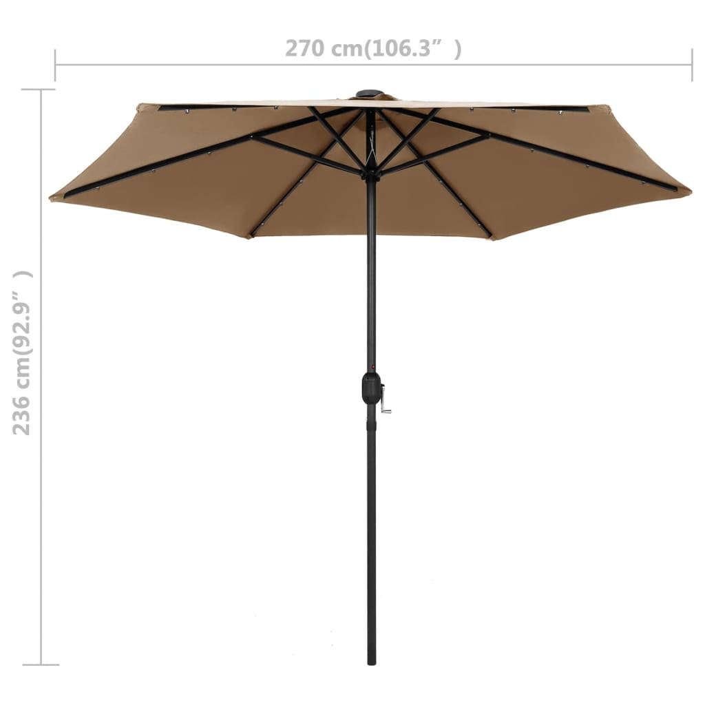 Parasol avec lumières LED et mât en aluminium 270 cm taupe