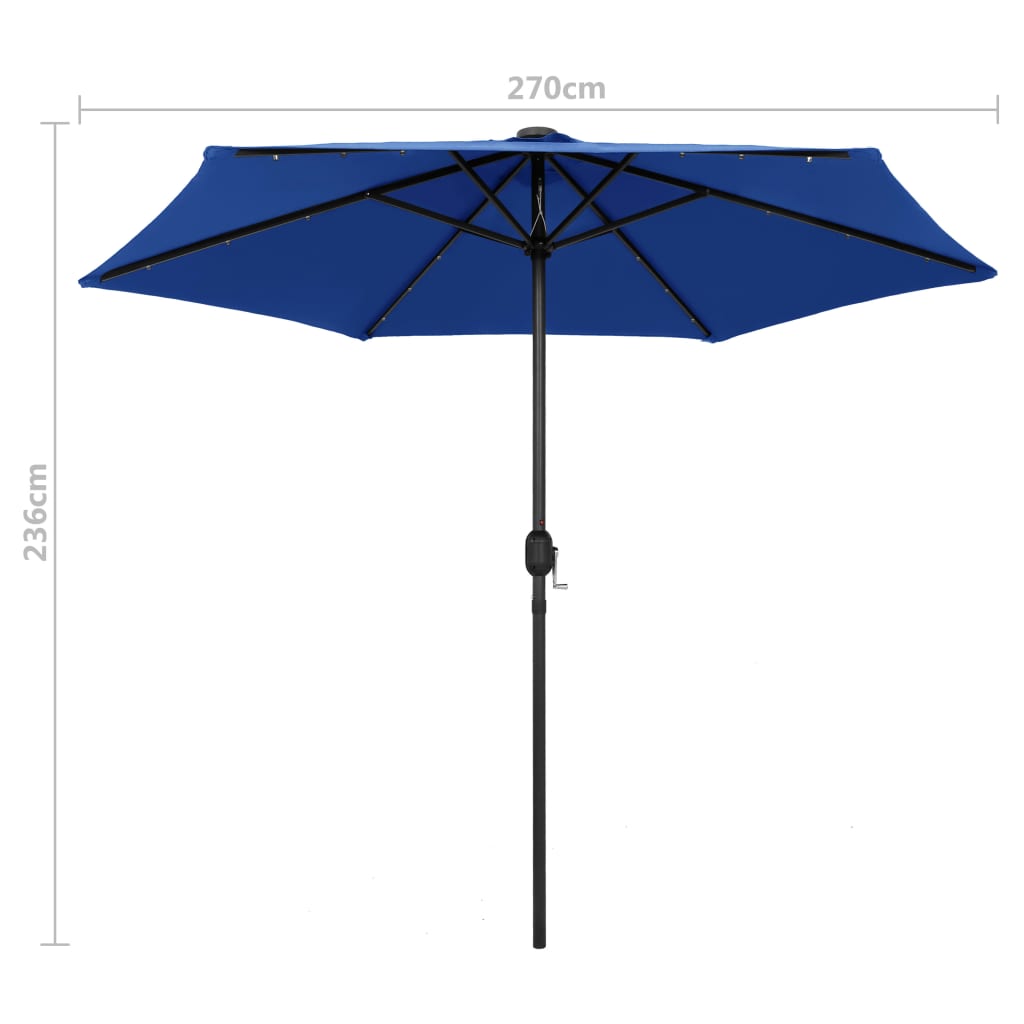 Parasol avec lumières LED et mât en aluminium 270 cm bleu azur