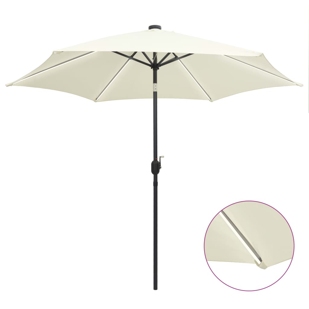 Parasol avec éclairage LED et mât en aluminium 300 cm blanc sable