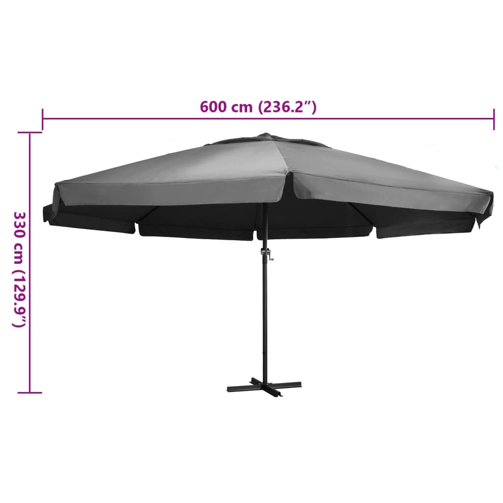 Parasol avec mât en aluminium 600 cm anthracite