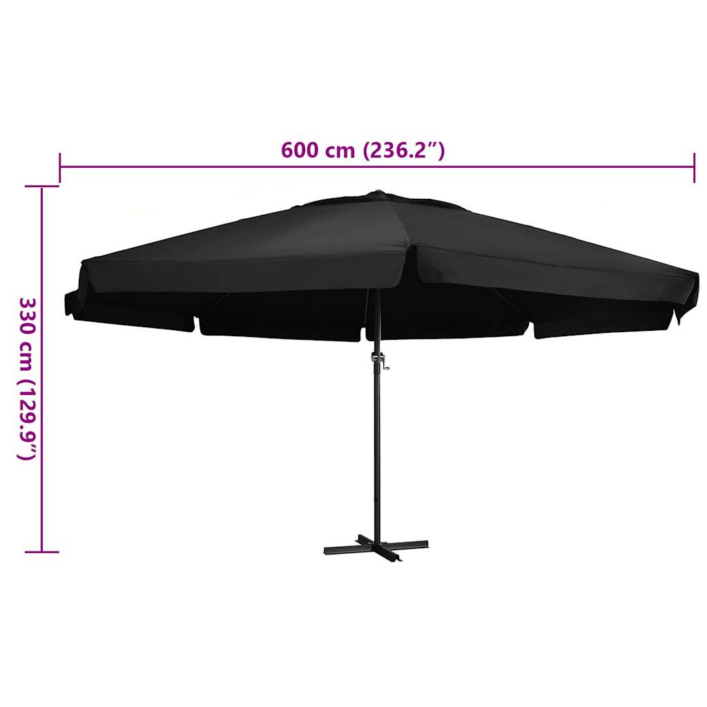 Parasol avec mât en aluminium 600 cm noir