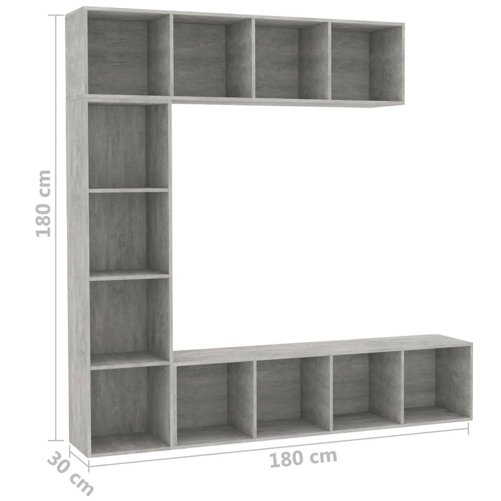 Ensemble bibliothèque/meuble TV 3 pièces, gris béton, 180 x 30 x 180 cm