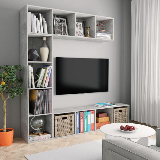 Ensemble bibliothèque/meuble TV 3 pièces, gris béton, 180 x 30 x 180 cm