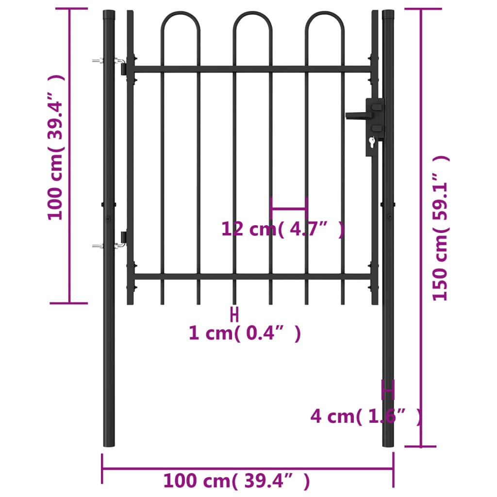 Zauntor Einzelflügel Gewölbte Spitze Stahl 1 x 1 m Schwarz