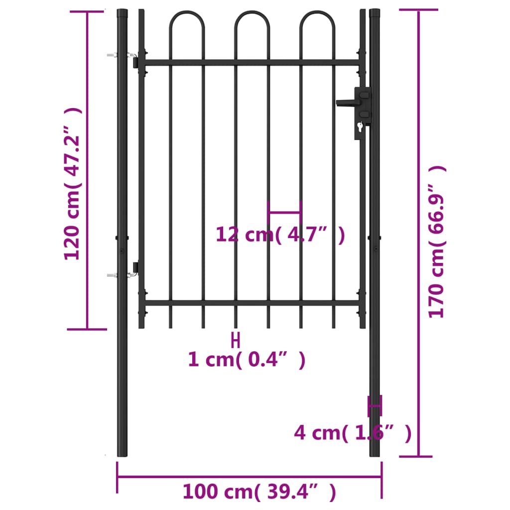 Zauntor Einzelflügel Gewölbte Spitze Stahl 1 x 1,2 m Schwarz