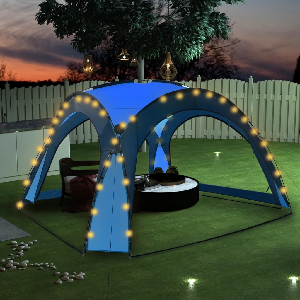 Tente de fête avec LED et 4 parois latérales 3,6x3,6x2,3 m bleu