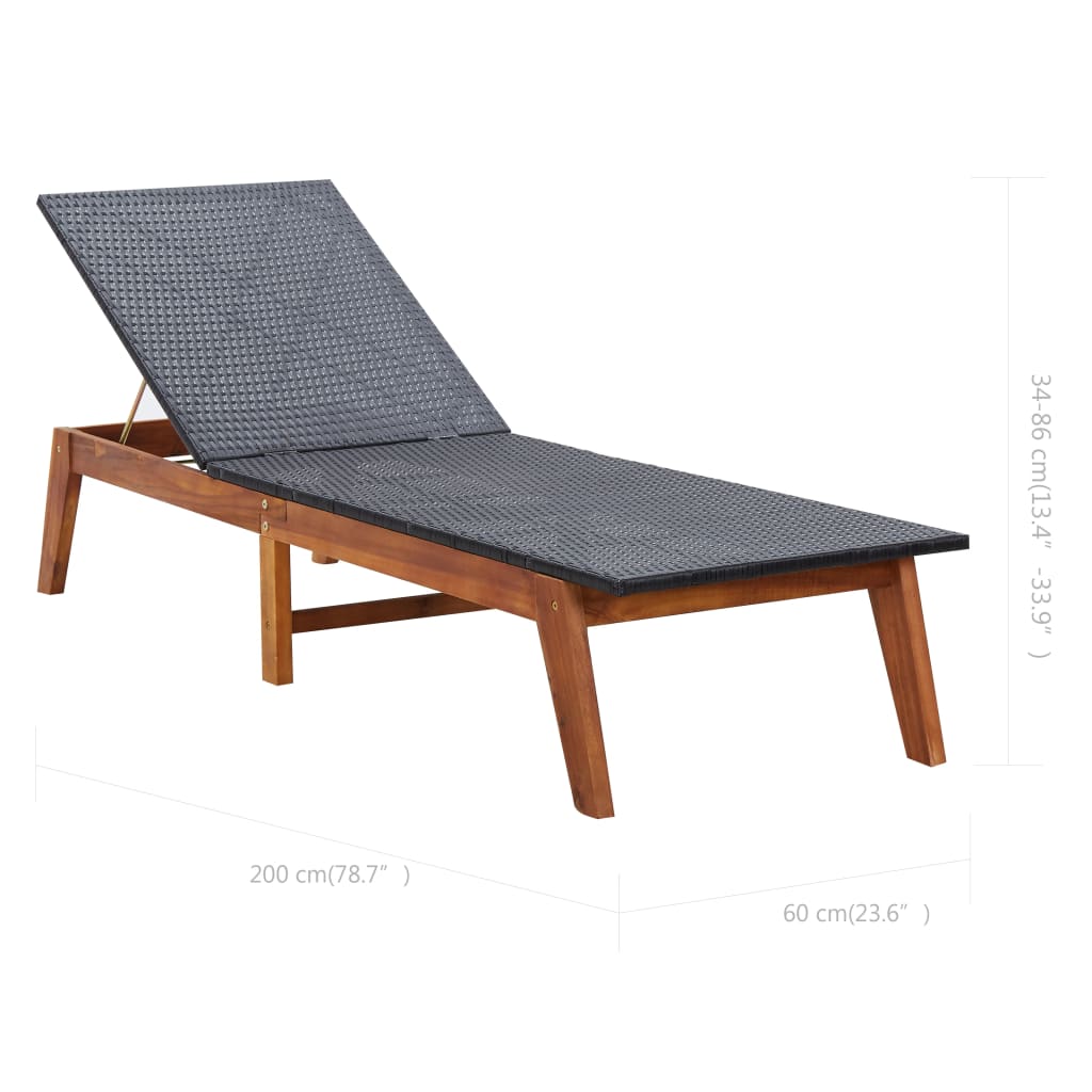 Bain de soleil avec coussin en polyrotin et bois d'acacia massif