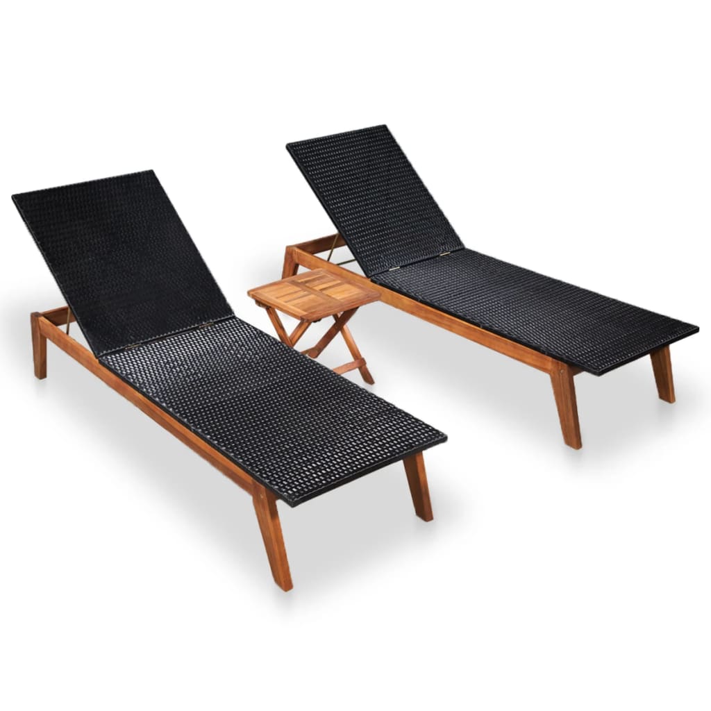 Sonnenliegen 2 Stk. mit Tisch Poly Rattan Massivholz Akazie