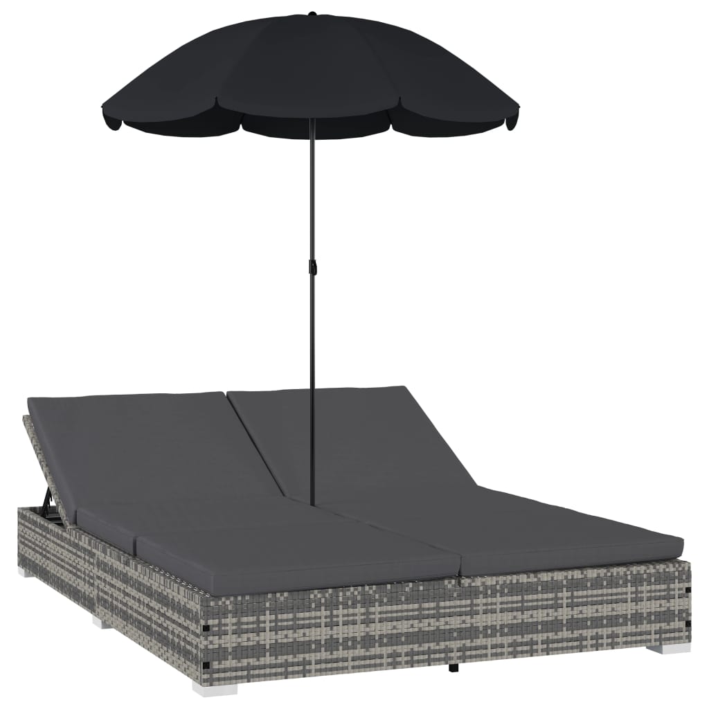 Outdoor-Loungebett mit Sonnenschirm Poly Rattan Grau