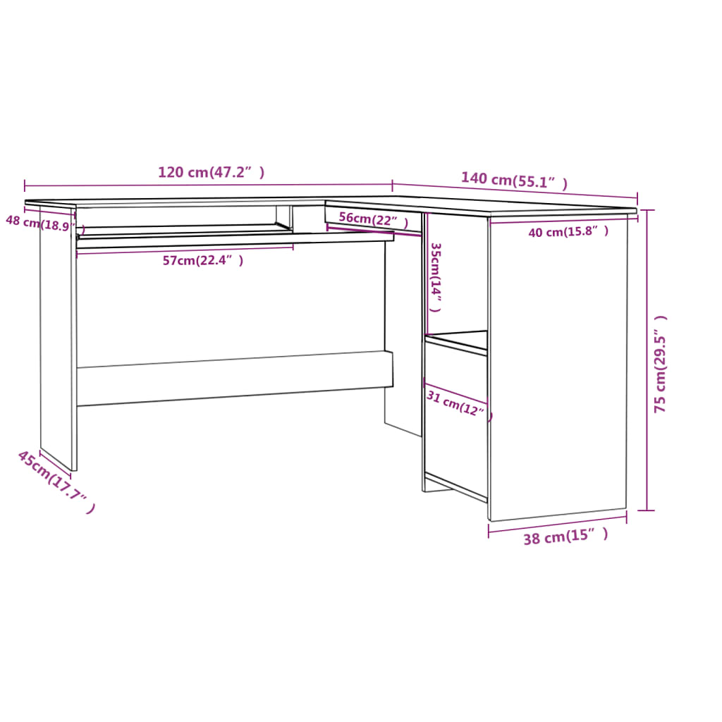 Bureau d'angle en forme de L blanc brillant 120x140x75 cm