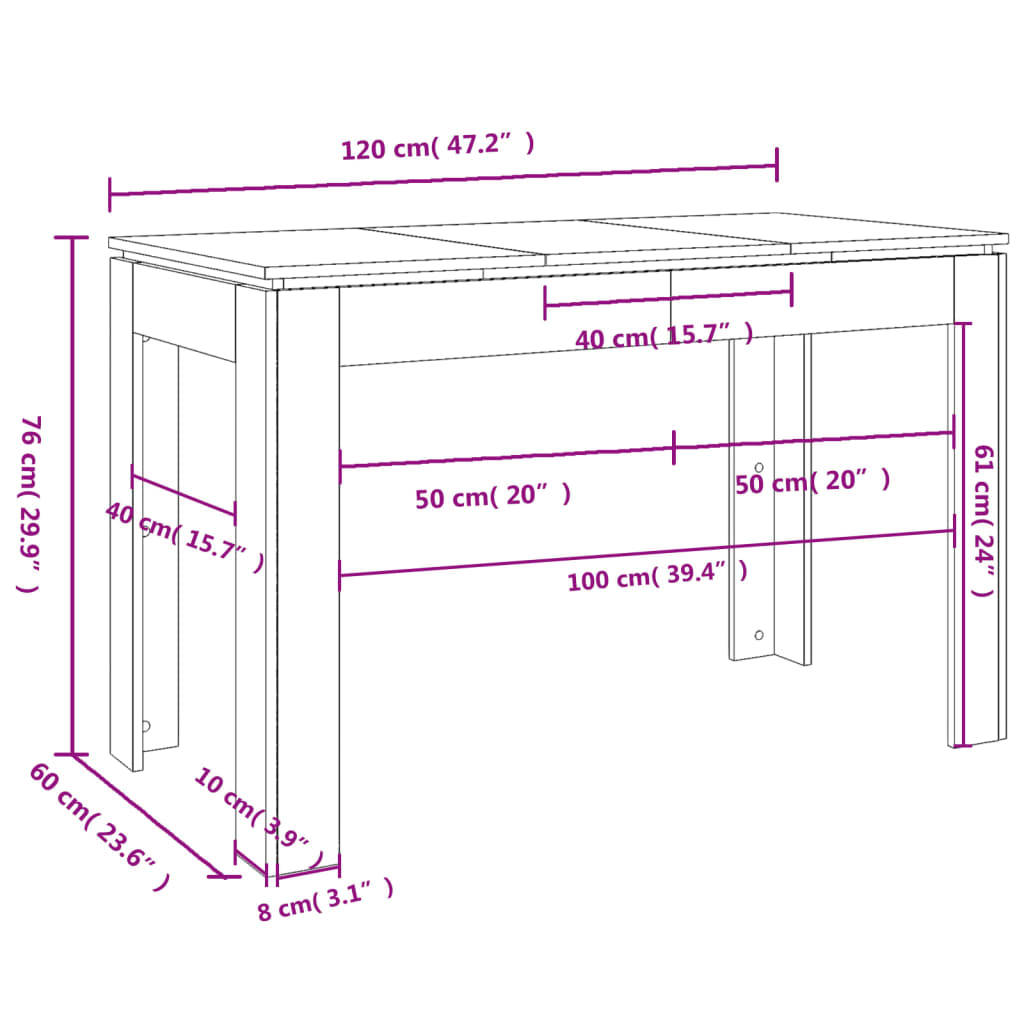 Table à manger blanc brillant 120x60x76 cm en bois