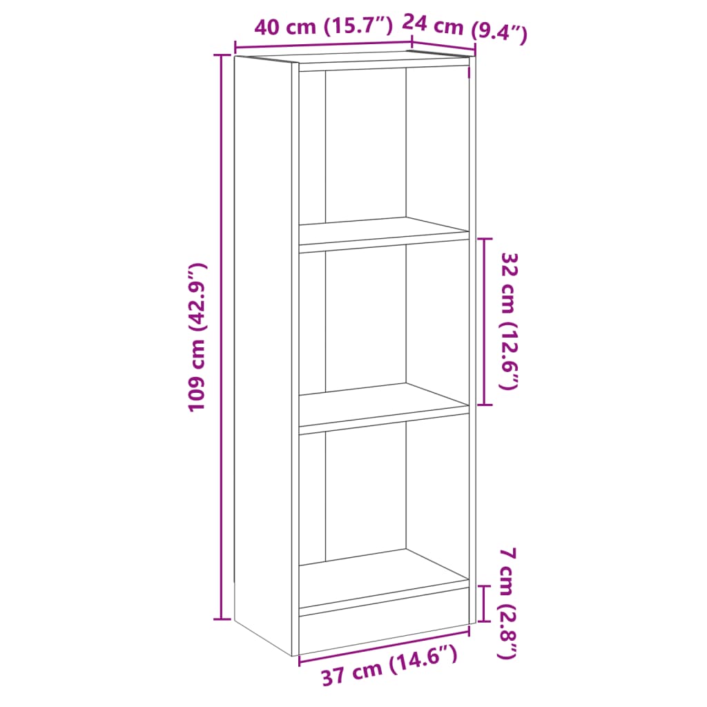 Bibliothèque 3 compartiments noir 40x24x109 cm en bois