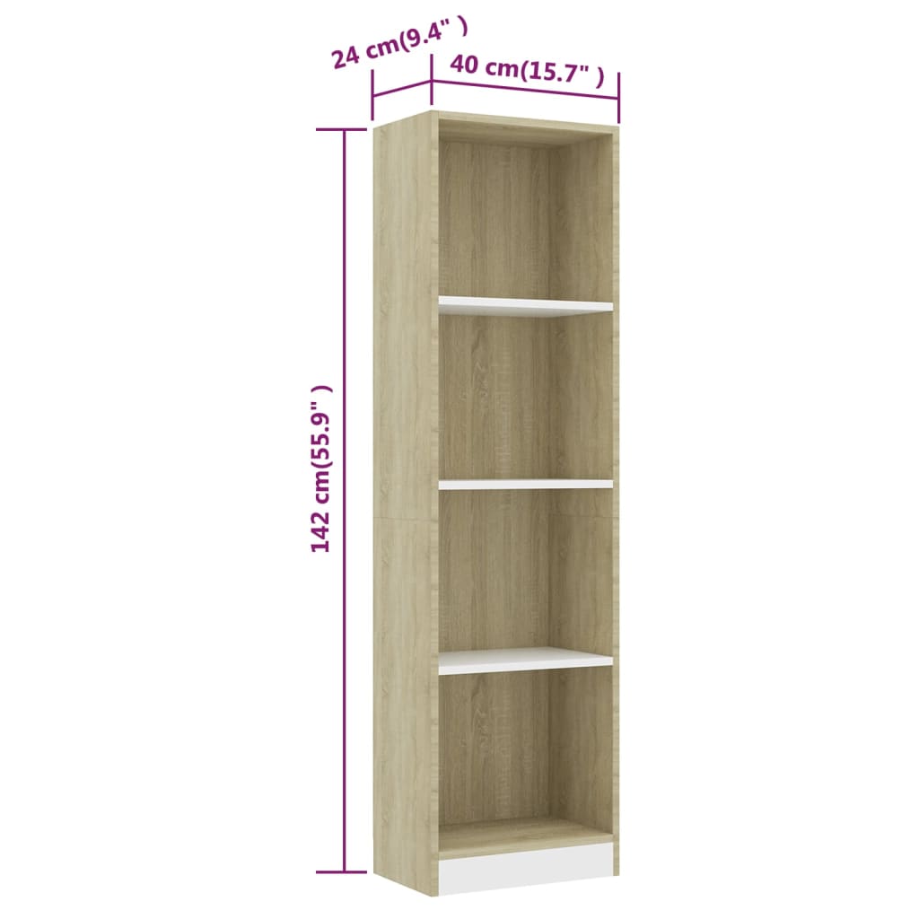 Bücherregal 4 Fächer Weiß Sonoma-Eiche 40x24x142 Holzwerkstoff