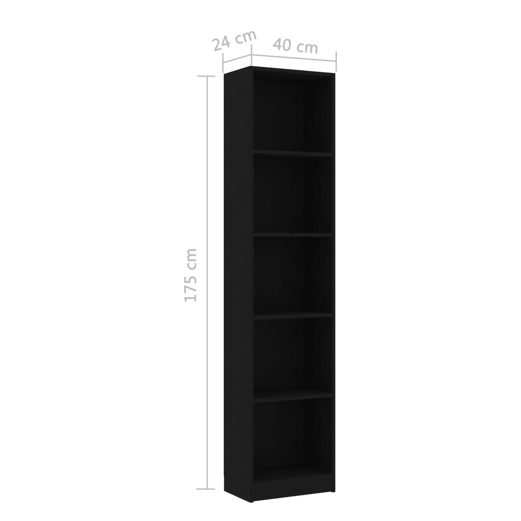 Bibliothèque 5 compartiments noir 40x24x175 cm en bois