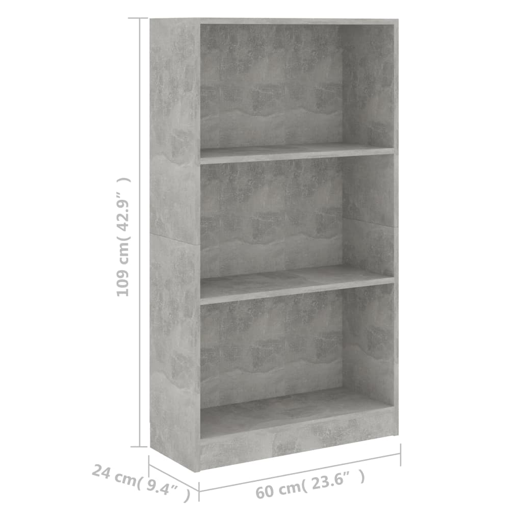 Bibliothèque 3 compartiments gris béton 60x24x109 cm en bois