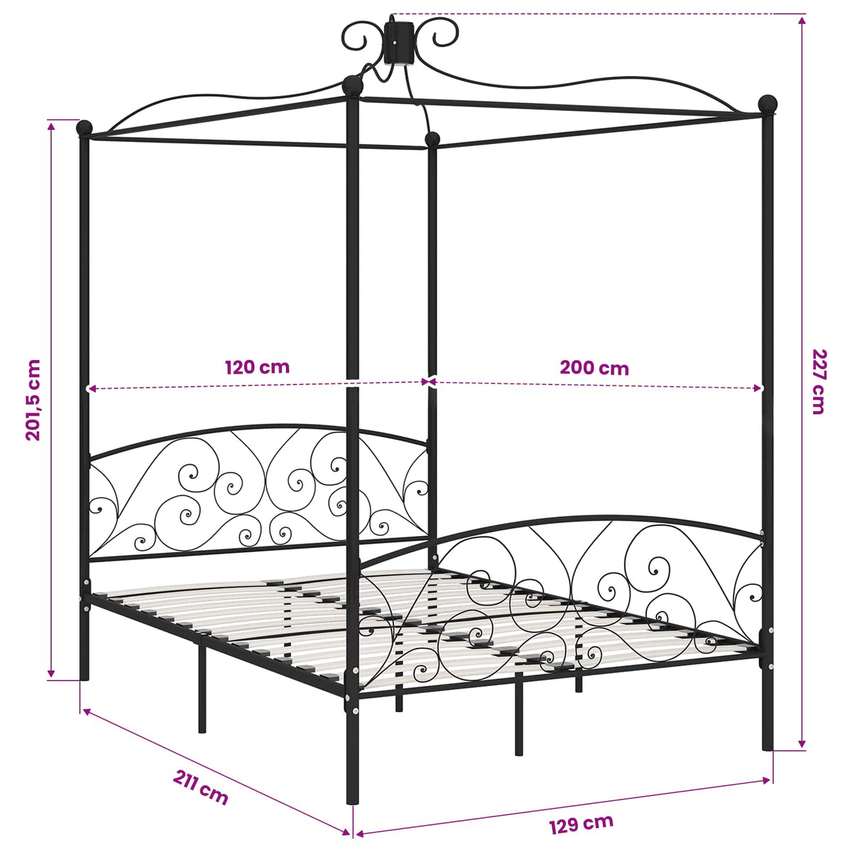 Himmelbett-Gestell Schwarz Metall 120 x 200 cm