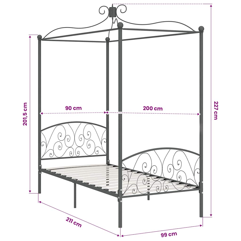 Himmelbett-Gestell Grau Metall 90 x 200 cm