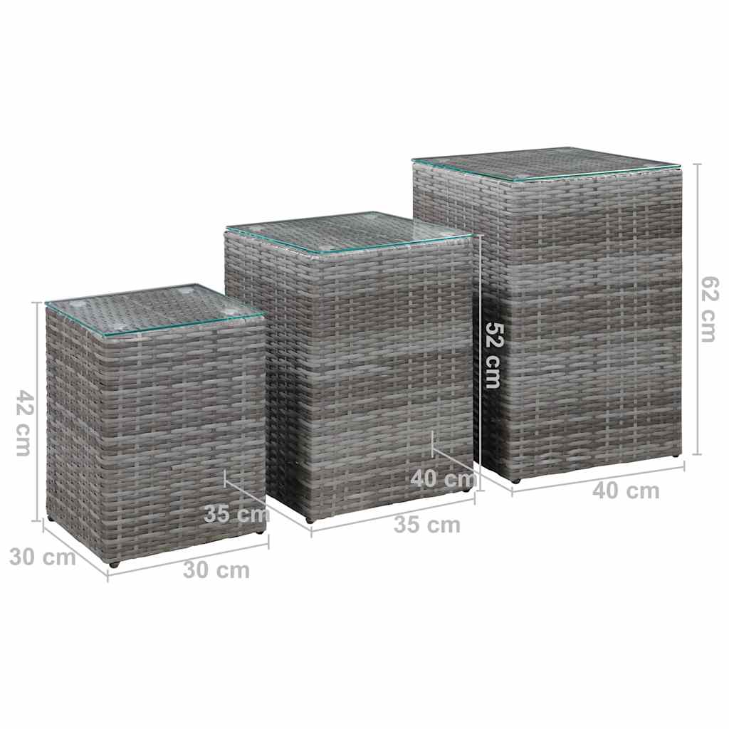 Beistelltische 3 Stk. mit Glasplatte Grau Poly Rattan