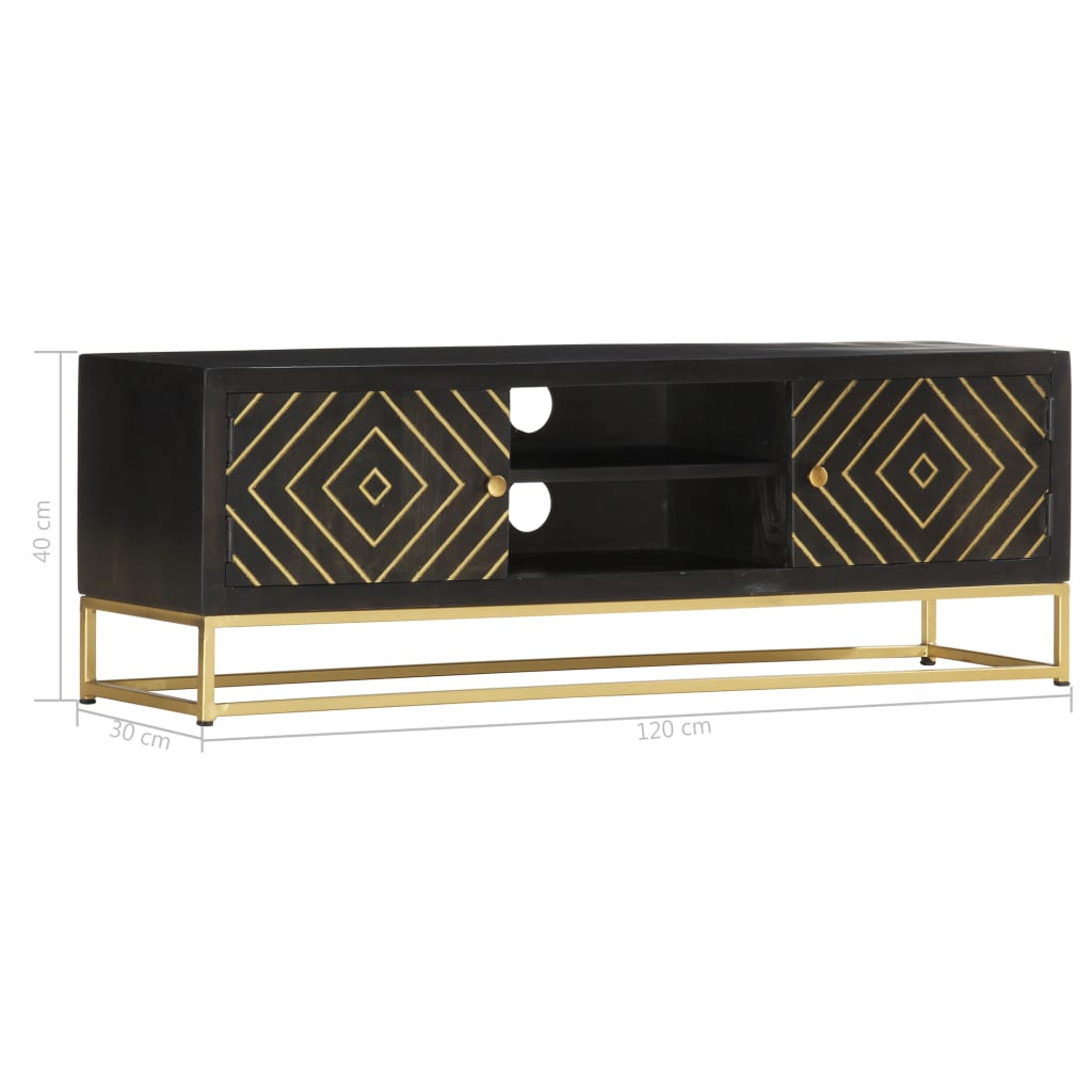 Meuble TV Noir Doré 120 x 30 x 40 cm en bois de manguier massif