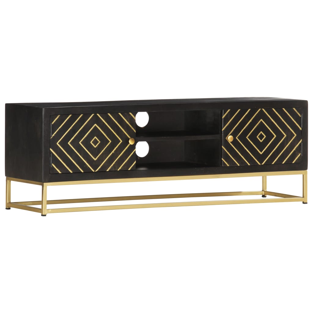 Meuble TV Noir Doré 120 x 30 x 40 cm en bois de manguier massif