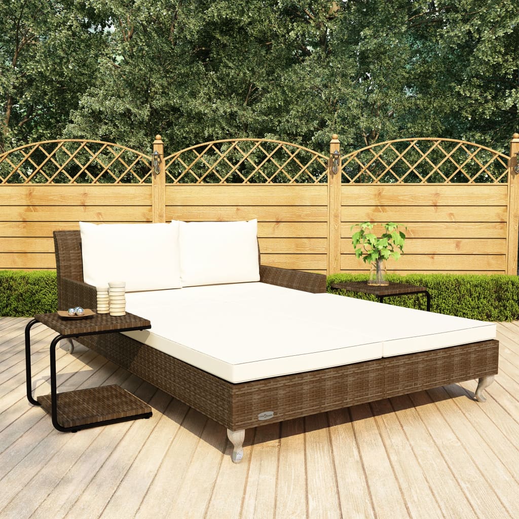 Bain de soleil 2 places avec coussins poly rotin marron