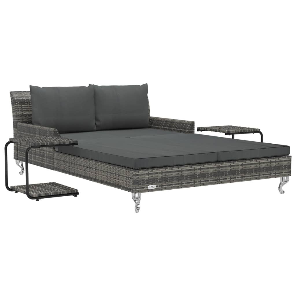 2-Personen-Sonnenliege mit Auflagen Poly Rattan Grau