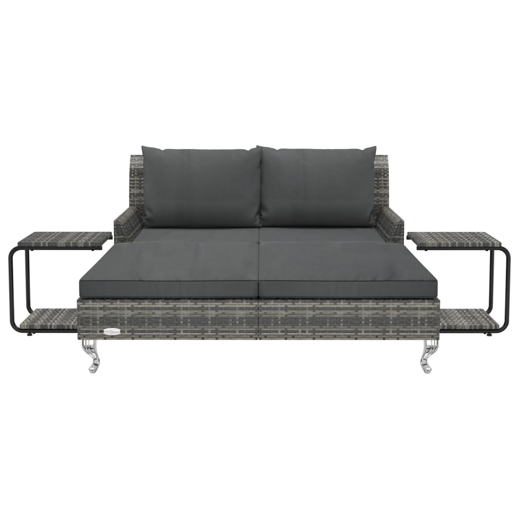 2-Personen-Sonnenliege mit Auflagen Poly Rattan Grau