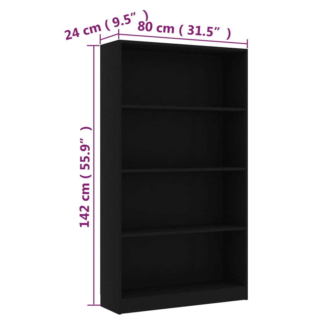 Bücherregal 4 Fächer Schwarz 80x24x142 cm Holzwerkstoff