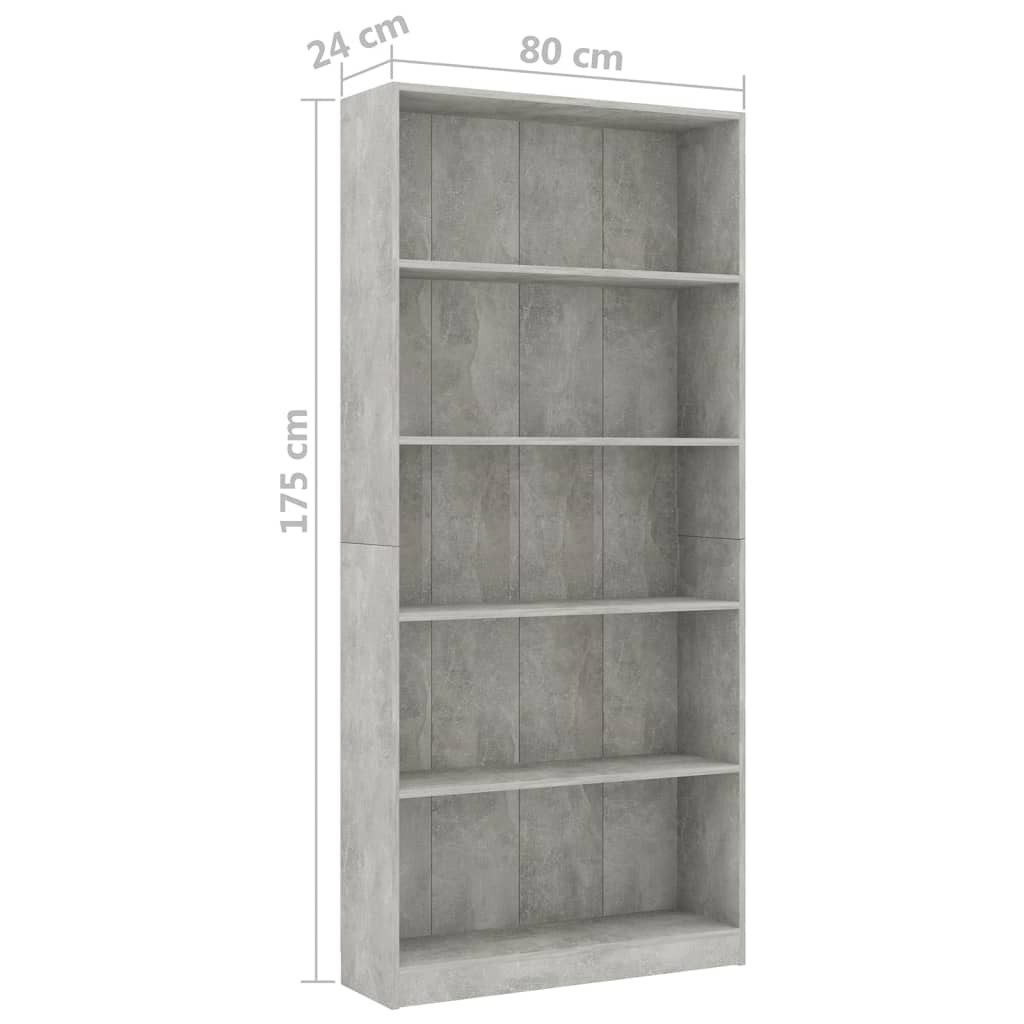 Bücherregal 5 Fächer Betongrau 80x24x175 cm Holzwerkstoff