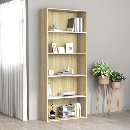 Bücherregal 5 Fächer Weiß Sonoma-Eiche 80x30x189 Holzwerkstoff
