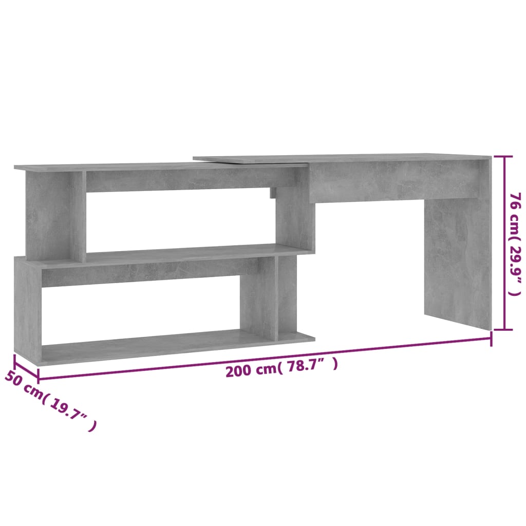 Bureau d'angle gris béton 200x50x76 cm en bois