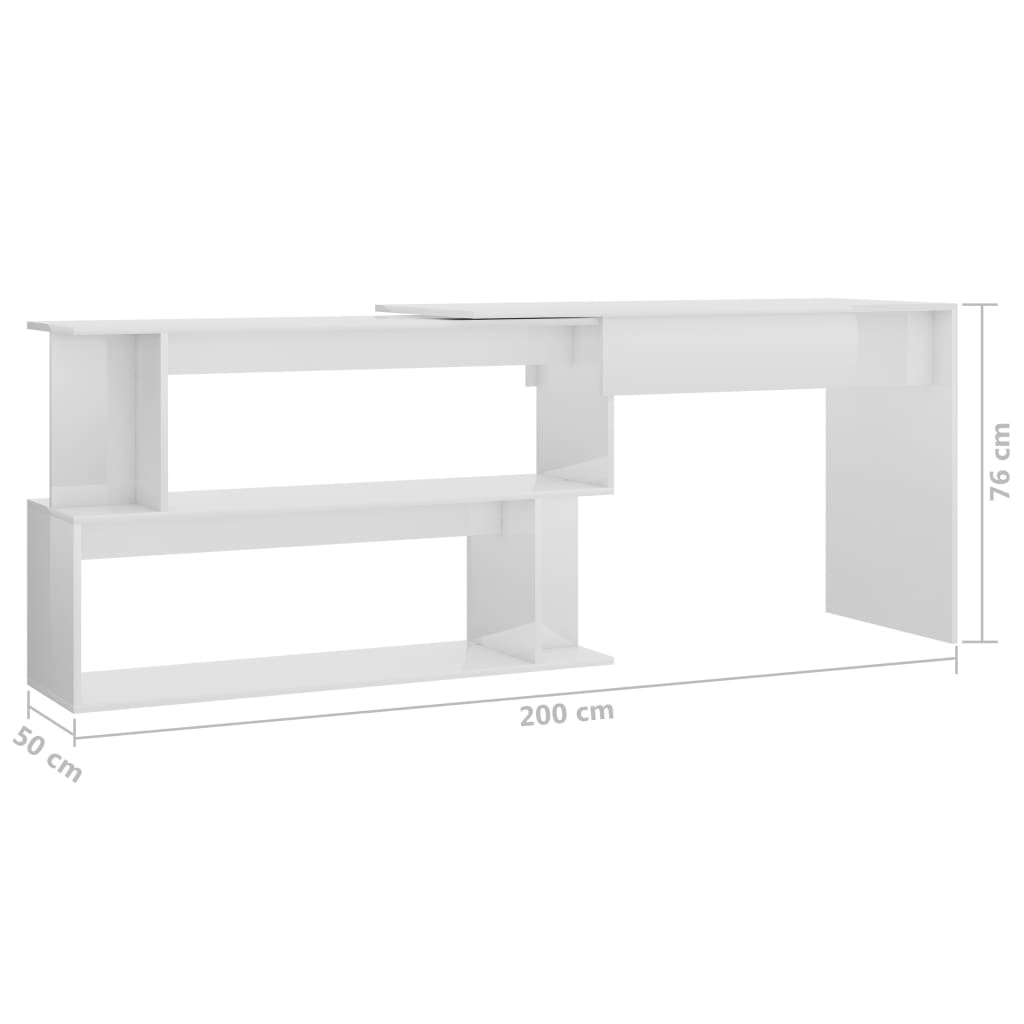 Bureau d'angle blanc brillant 200x50x76 cm en bois