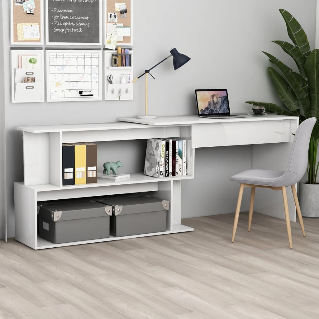 Bureau d'angle blanc brillant 200x50x76 cm en bois