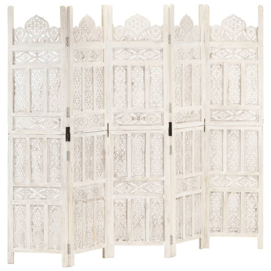 Cloison de séparation 5 pièces en bois de manguier massif sculpté à la main blanc 200 × 165 cm