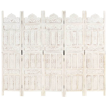 5tlg. Raumteiler Handgeschnitzt Weiß 200×165cm Mango Massivholz
