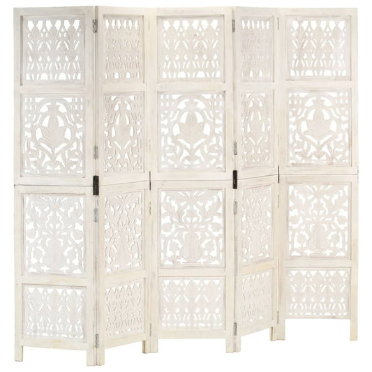 Cloison de séparation 5 pièces en bois de manguier massif sculpté à la main blanc 200 × 165 cm