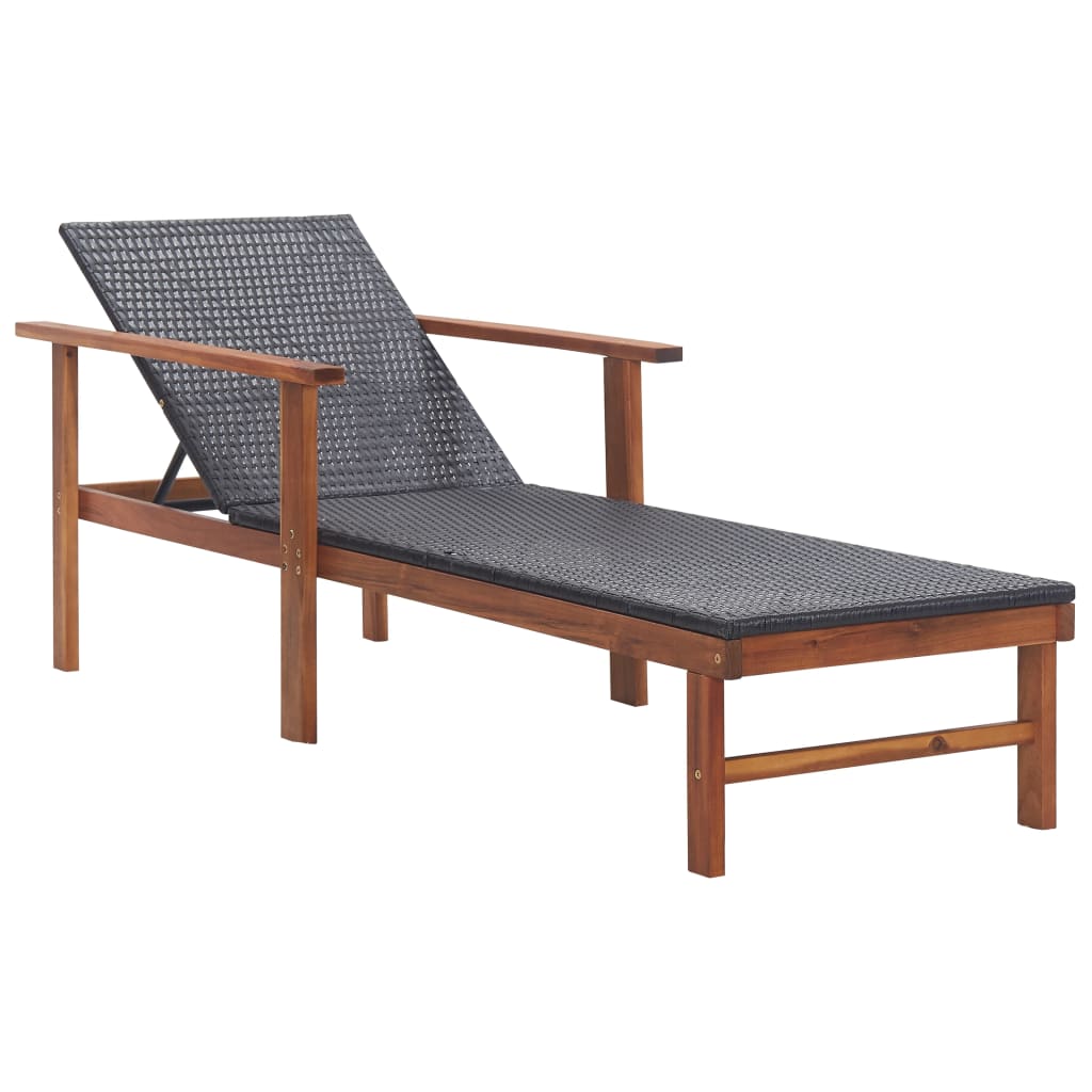 Bain de soleil avec coussin poly rotin bois d'acacia massif noir