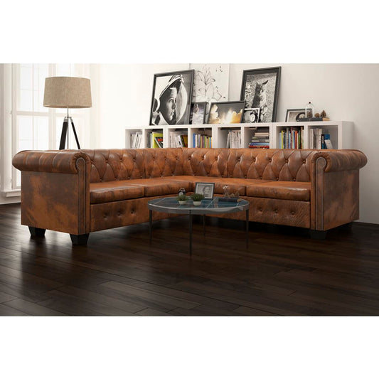 Chesterfield-Ecksofa 5-Sitzer Braun Kunstleder